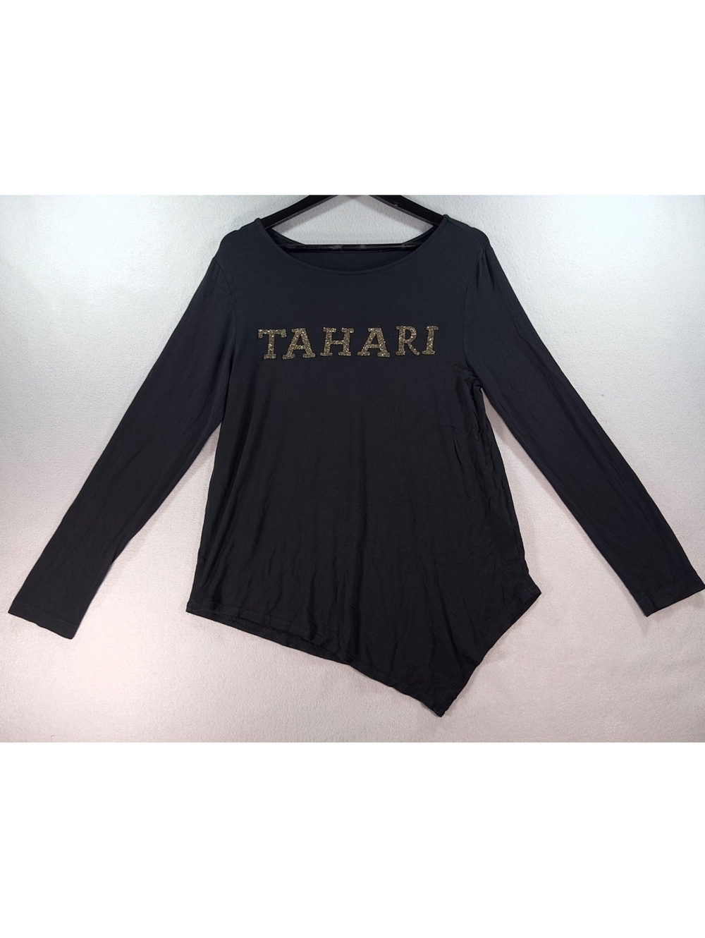 Tahari Black Long Sleeve Top with Gold Glitter Logo and Asymmetrical Hem, Pre-L⭐